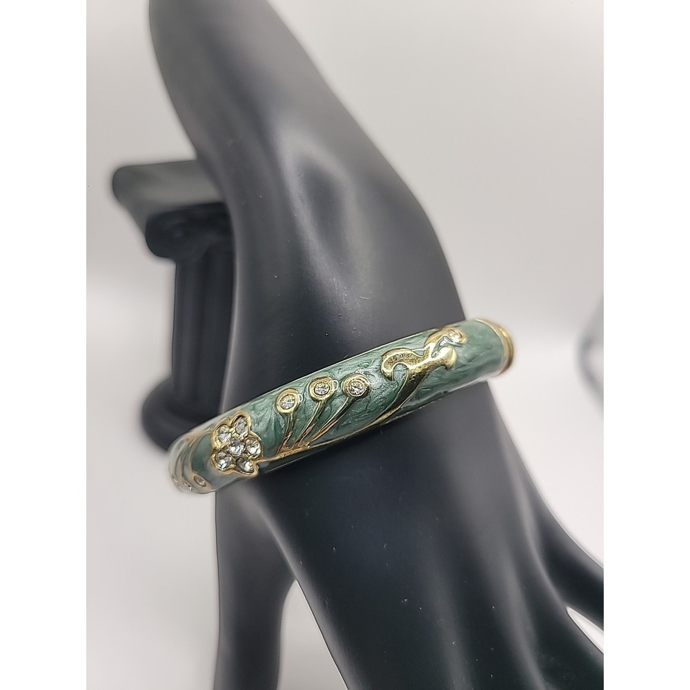 Vintage Green Enamel Hinged Bangle Bracelet Gold Tone‎ Rhinestone Floral